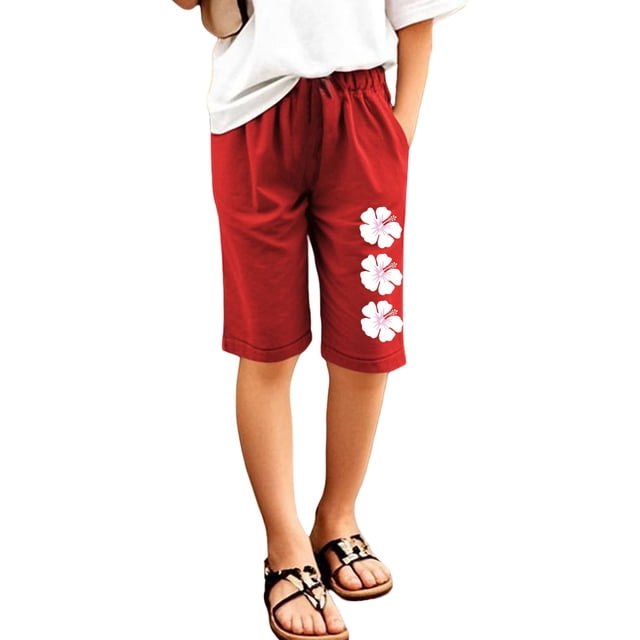 MIASHUI Shorts pour Filles Enfants Été Mode Décontractée Imprimés Taille Élastique Pantalons, Rouge, 9-10 Ans
