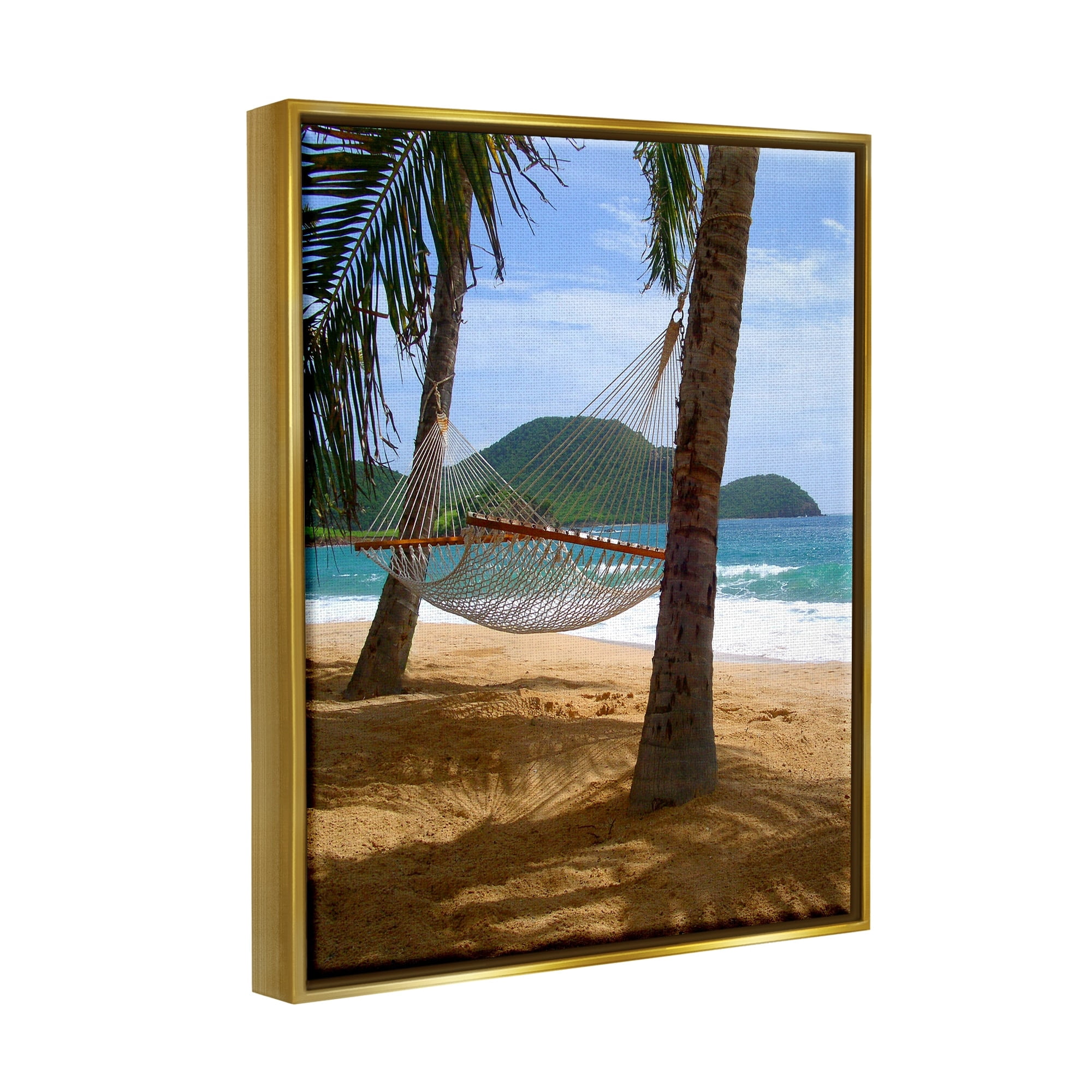 Stupell Industries Tropical Summer Vacation Hammock Between Palm Trees Photograph Metallic Gold Floating Framed Canvas Print Wall Art, Design by Noah Bay