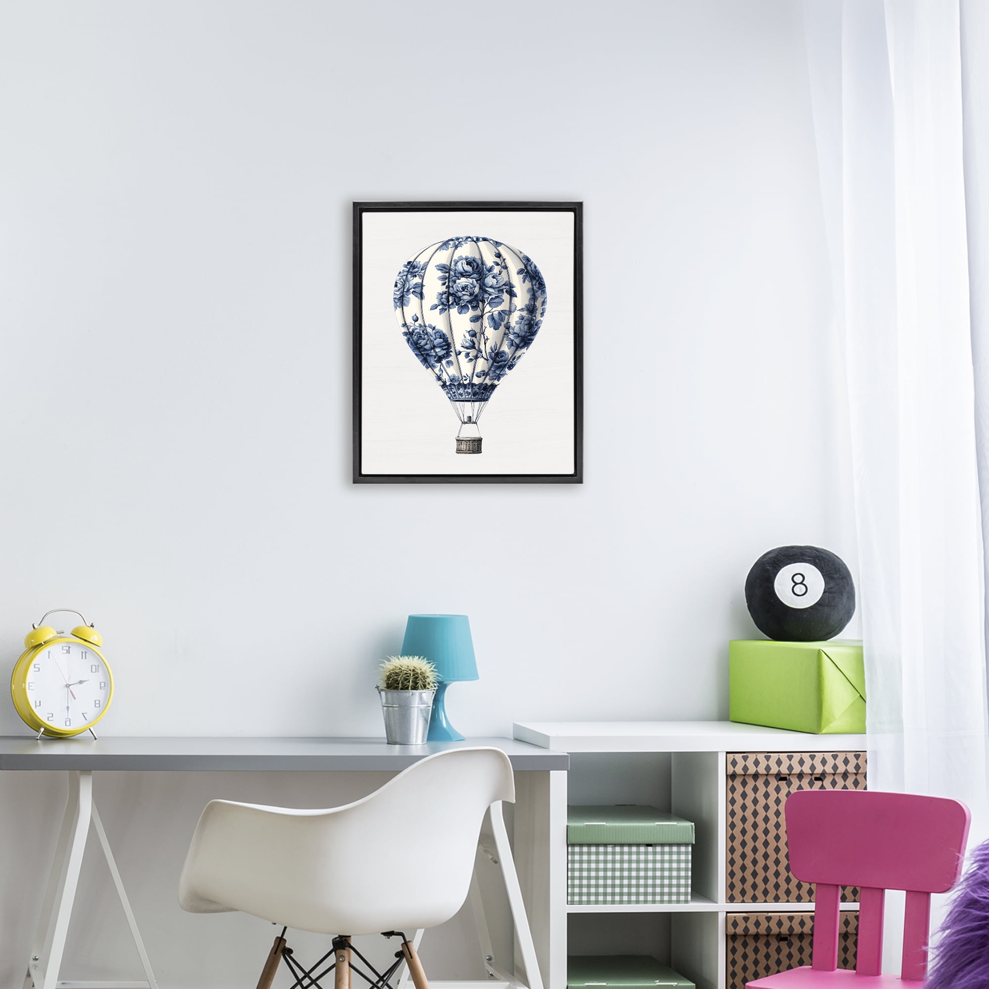 Vintage Toile Hot Air Balloon Black Framed Floater Canvas Wall Art, design by Lettered and Lined