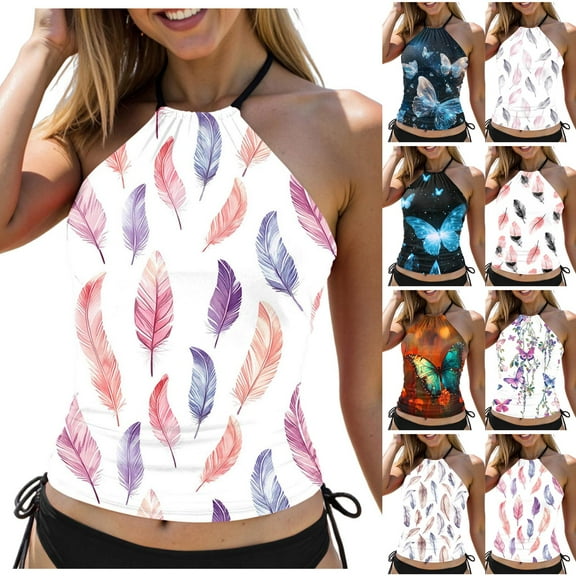 yueewhu Women Tankini Swim Top Only - High Neck Bathing Suit Tops Tummy Control Tank Top No Bottom (Red, XL)