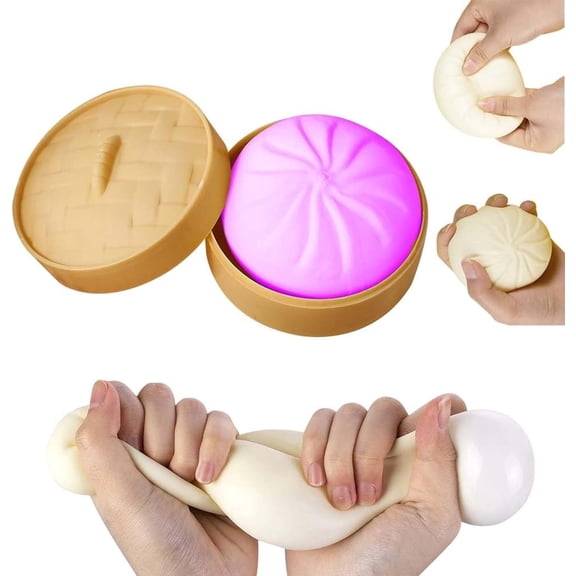 Colorful Dumpling Stress Balls, Handmade Pressure Relief Balls, Squishy Big Bun Squeeze Dough Ball Stress Relief Fidget (Purple-(with a Steamer))