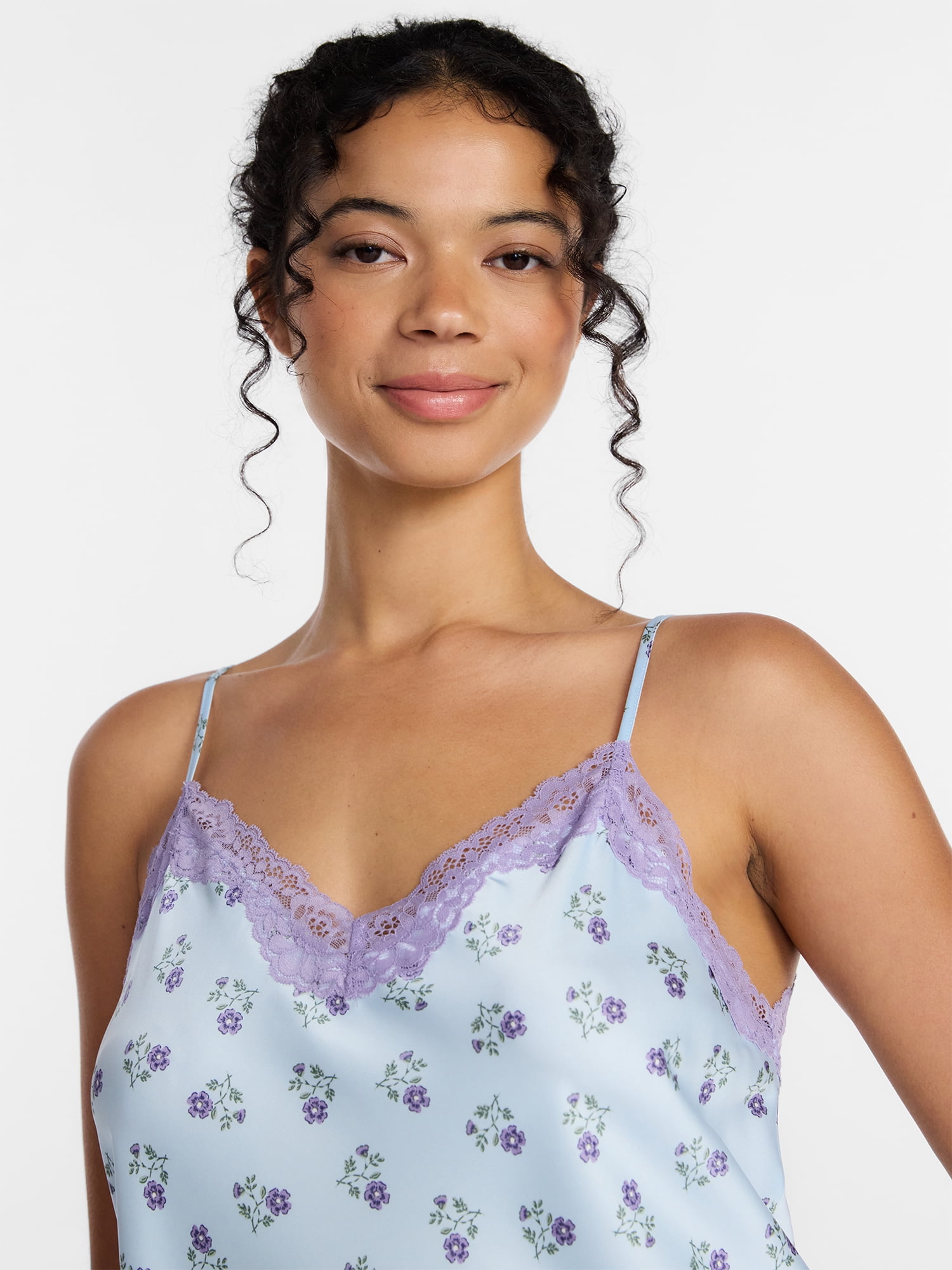 Joyspun Women's Lace Trim Stretch Satin Chemise, Sizes S-3X