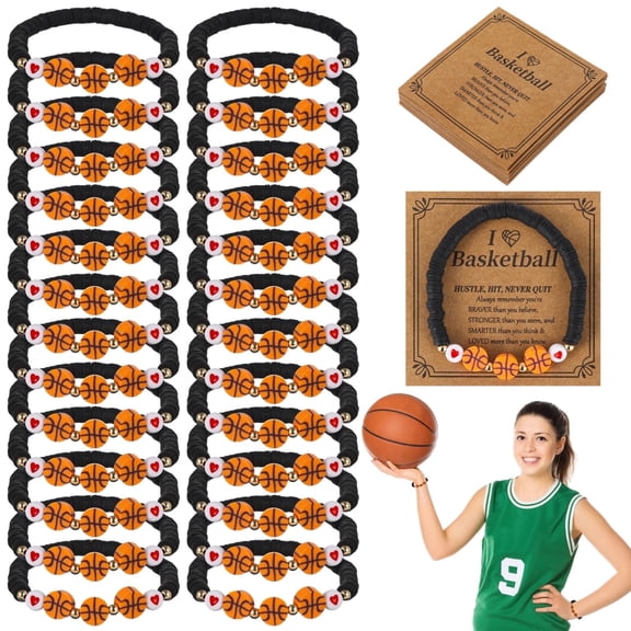 24 Pack Bulk Inspirational Basketball Bracelets - Polymer Clay Nylon Bracelets with Motivational Cards | Adjustable Sports Wristbands for Team Gifts, Players & Fans