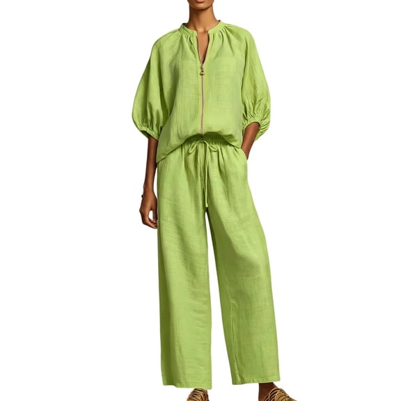 Gytharion 2 Piece Women's Summer Cotton Linen Outfits Fashion Soild Color Sets Crewneck Zippered Puffed Sleeve Tops with Drawstring Wide Leg Pants