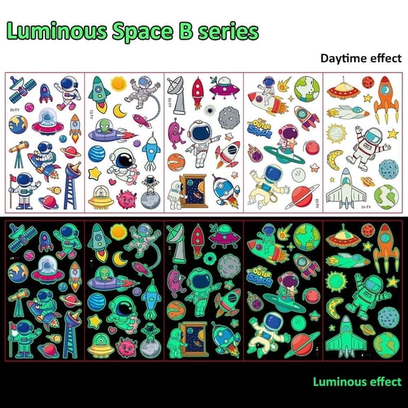 69PCS Luminous Tattoos for Kids, Space Temporary Tattoo Stickers, Glow in The Dark Tattoos for Boys and Girls, Space Fake Tattoos More Party Makeup Gifts 5 Sheets