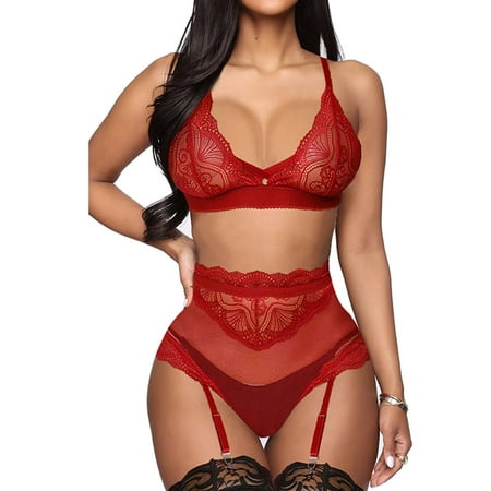 

Beiwei Ladies Lingerie Set Deep V Bra And Panty Sets 2 Pieces Underwear Mini Sleepwear Gift Nightwear Babydoll Adjustable Strap Wine Red 2XL