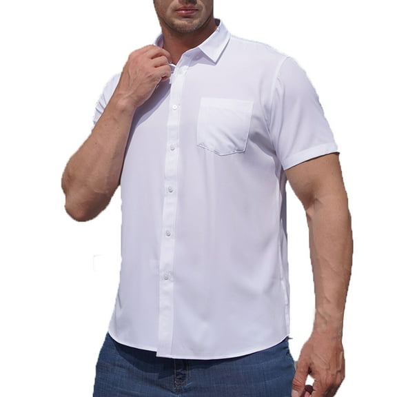 Busydd Mens Shirts Fashion Wrinkle Free Collar Dress Shirts Solid Color Short Sleeve Blouses Slim Fit Button Down Formal Business Shirts Casual Lightweight Oversized Shirts with Pocket,L-6XL
