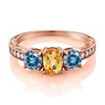 thumbnail image 2 of Gem Stone King 18K Rose Gold Plated Silver 3-Stone Ring Oval/Checkerboard Yellow Citrine and Vivid Persian Blue Moissanite (1.85 Cttw, Size 6), 2 of 4