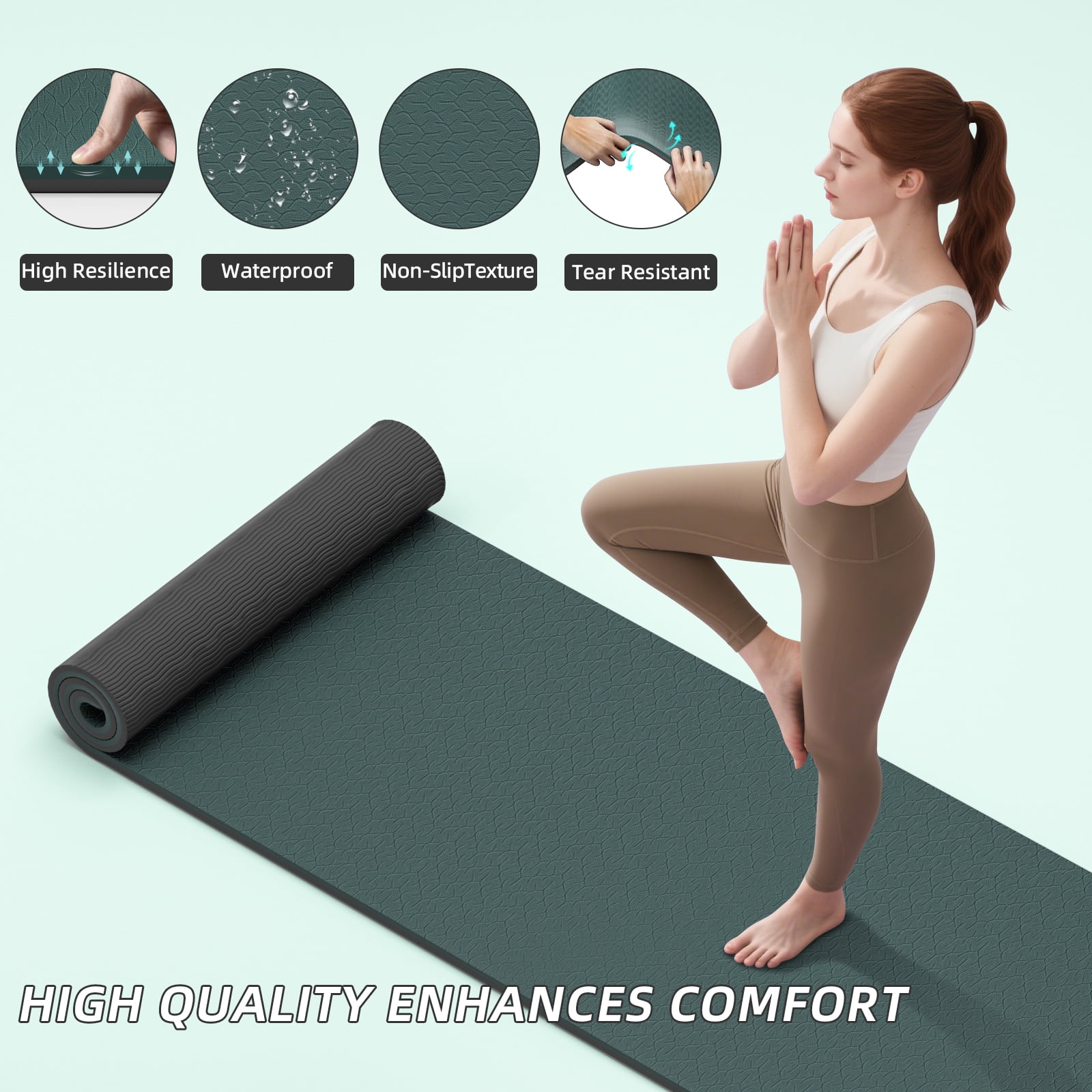 BAIMA Large Yoga Mat Thick Extra Wide and Long ,Roll-up Pilates Mats ,Eco TPE Double-Sided Exercise Pad with Carry Strap(Darkgreen+Grey)