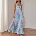 thumbnail image 3 of Women Square‑Neck Sleeveless Blue‑Iris Floral Print Belted Pleated Flowy Maxi Dress, Elegant Casual Summer Long Dress, 3 of 9