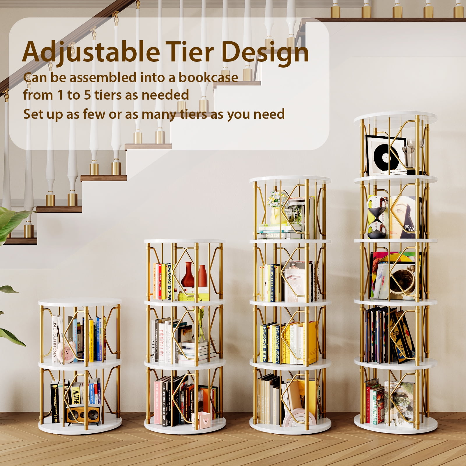 LLappuil 3 Tier Rotating Bookshelf, 360° Display Swivel Bookcase, Corner Bookshelf for for Bedroom, Living Room White
