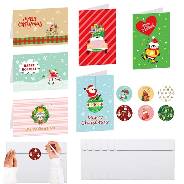 Tarjetas de Feliz Navidad, tarjetas de felicitación para vacaciones con sobres, 6 diseños surtidos, tarjetas de Feliz Navidad con pegatinas de sello para