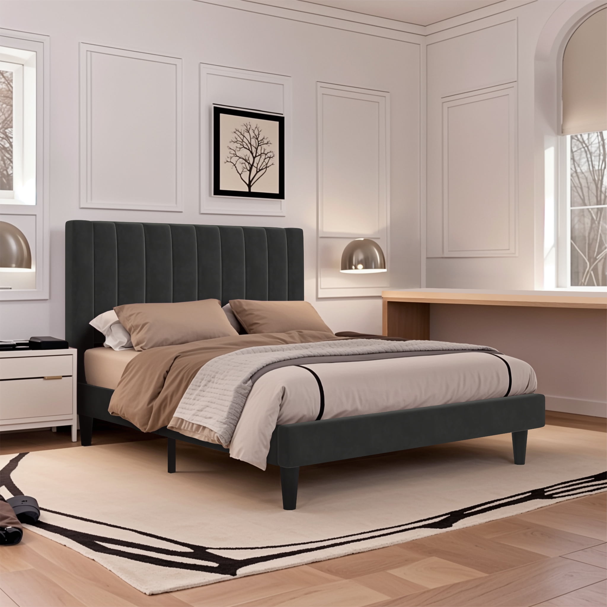 Einfach Full Size Platform Bed Frame with Upholstered Velvet Vertical Headboard, Black