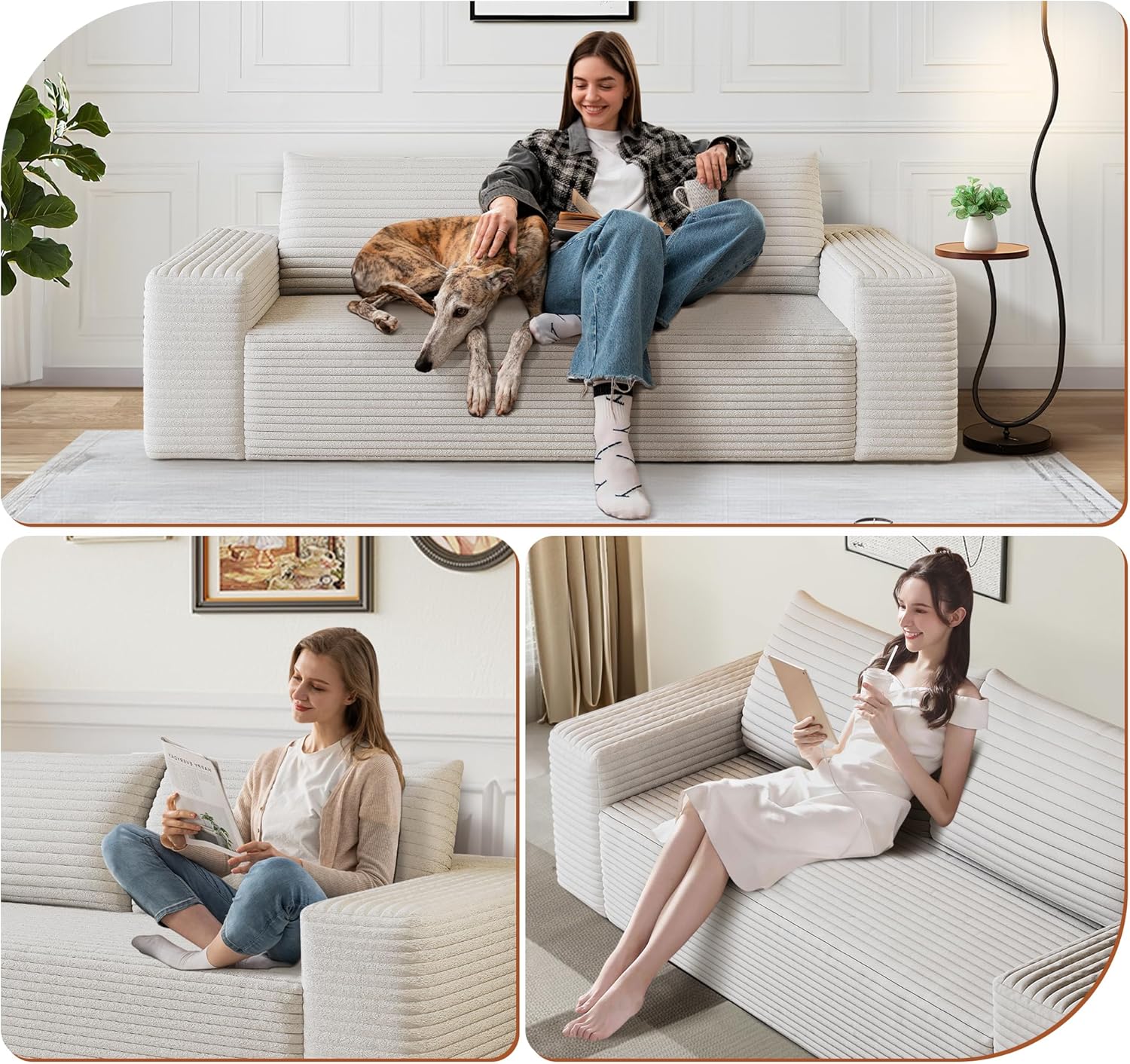 LUCKHAO 63" Corduroy Loveseat Sofa, 2-Seater Cloud Couch, Boneless Couch in a Box, Deep Seat Sofa with Memory Foam, No Assembly Required(White)