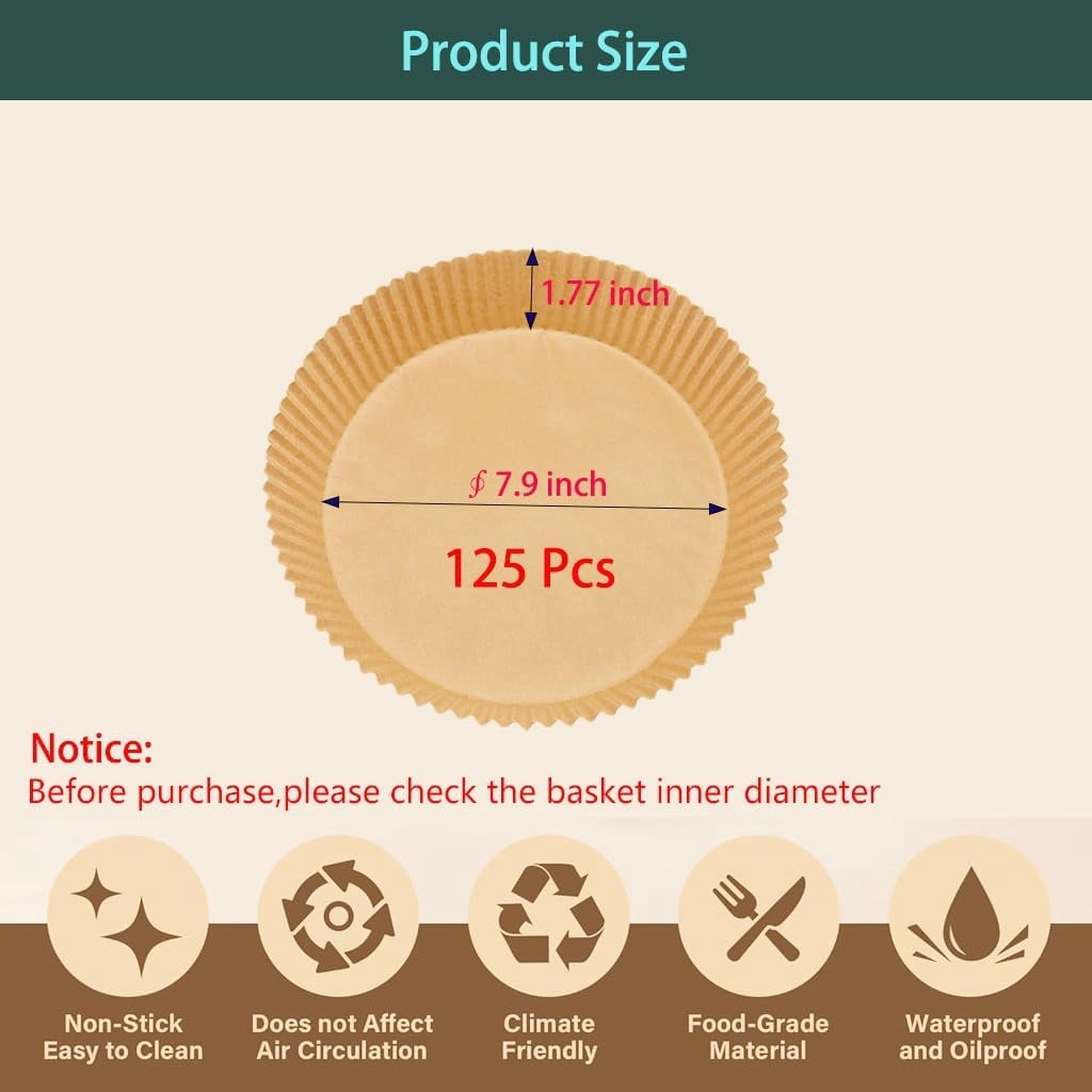 JJEAN-parchment paper for air fryer, 7.9inch round air fryer liners disposable,125PCS Non-stick parchment paper sheets for 5-8QT airfryer liners, Baking, Roasting Microwave