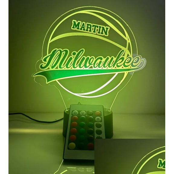 American Pro Basketball Sports Fan Team Sports Themed Ball Lamp Night Light LED Personalized Free Name Room Man Cave Decor 16 Colors & Remote, Made in America! (Milwaukee)