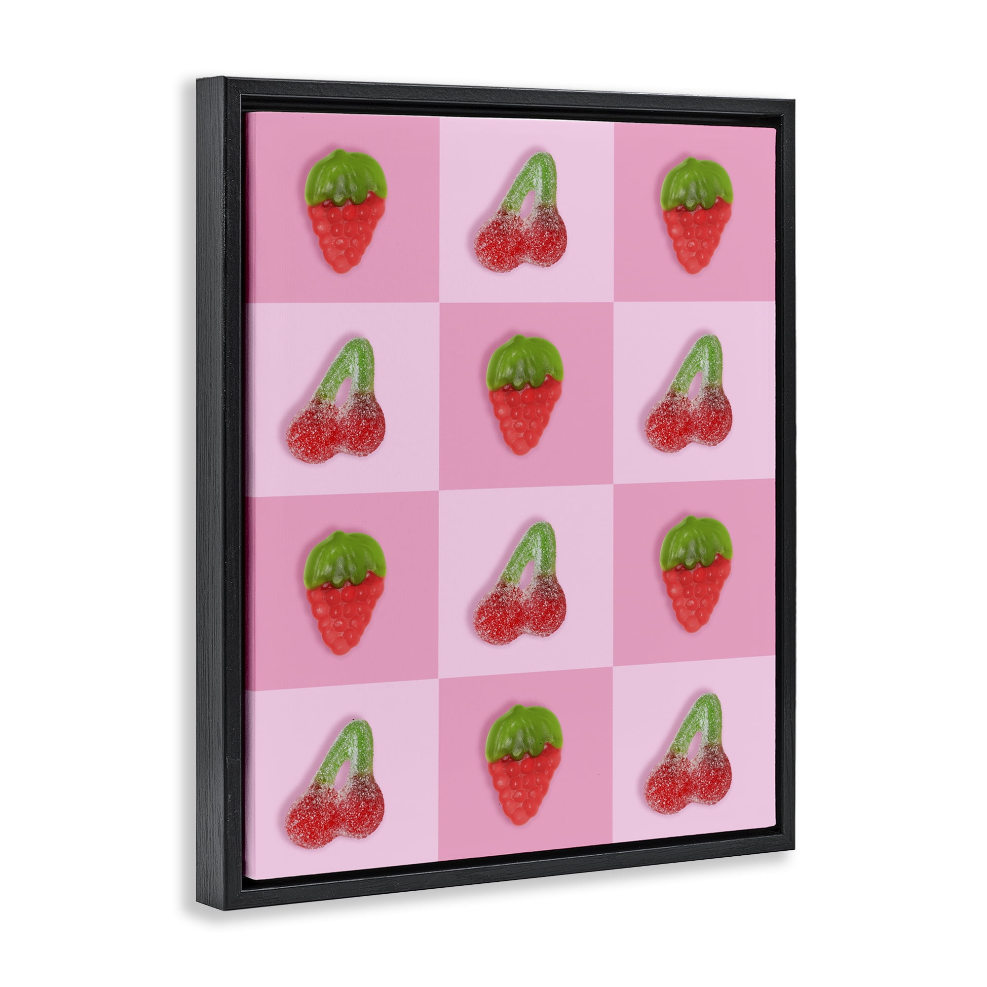 Stupell Industries Gummy Strawberry and Cherry Checkerboard Black Framed Floater Canvas Wall Art, design by LISH Creative