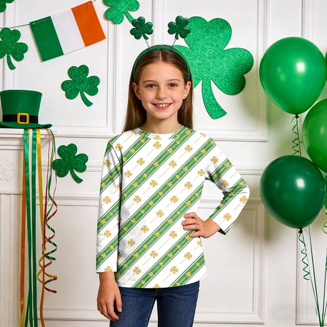 Blusas y camisas de manga larga con cuello redondo, informales, con estampado del Día de San Patricio, de manga tres cuartos y cuello redondo, para niños de talla mediana y grande.