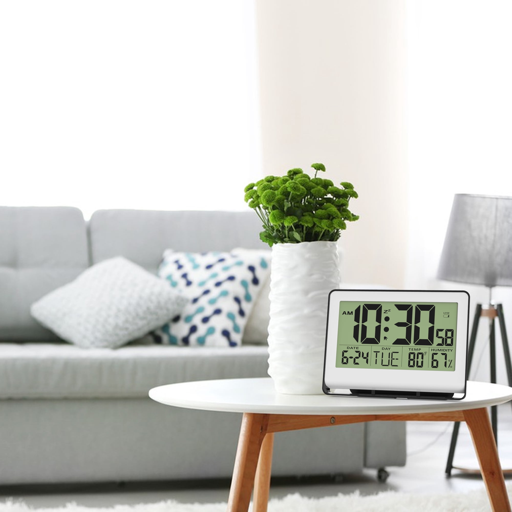 Digital Wall Clock with Indoor Temperature and Humidity, Desk Alarm Clock with Date and Blue Backlight