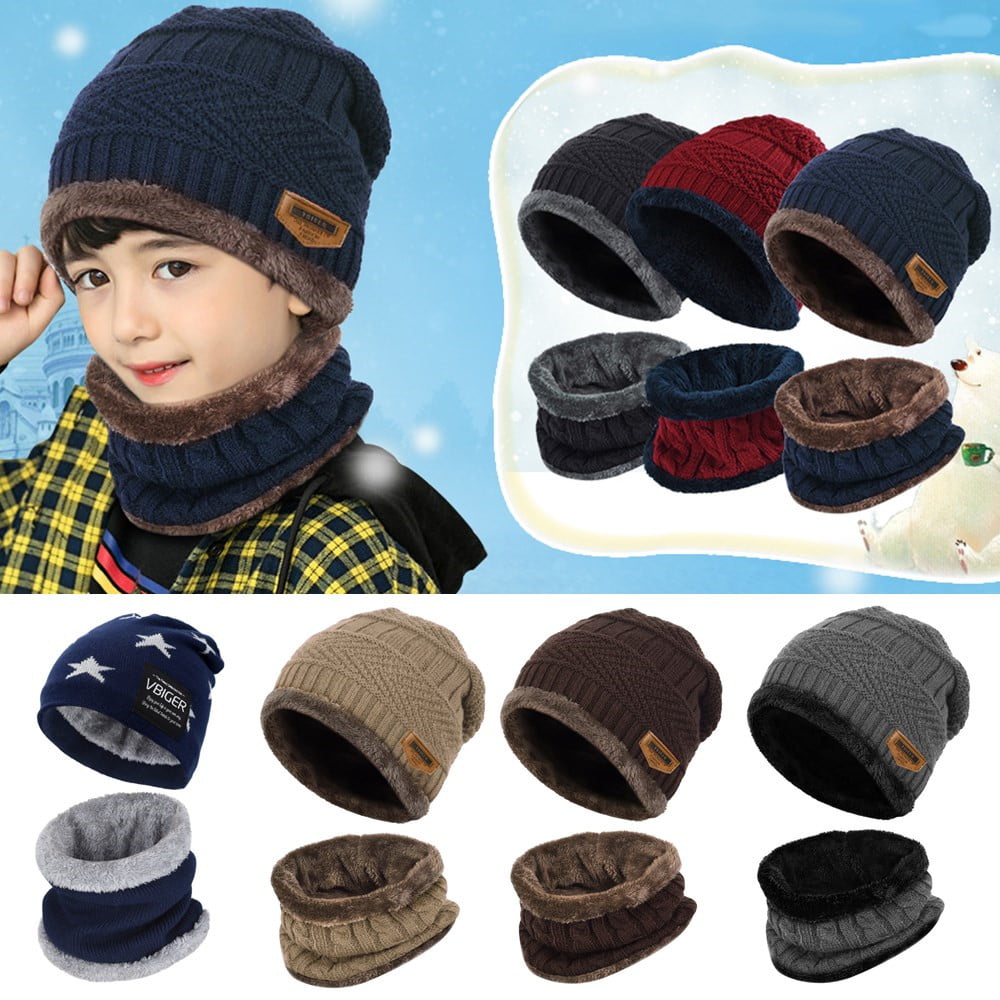 2pcs Men's Winter Beanie Hat and Scarf Set Warm Knitted Cap with Scarf Kids
