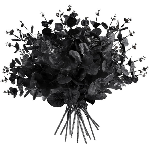 12 Pcs Black Eucalyptus Stems, 13" Fake Flowers DIY Black Silk Artificial Flowers Faux Spooky Branches for Home Halloween Farmhouse Gothic Floral Arrangements Decor