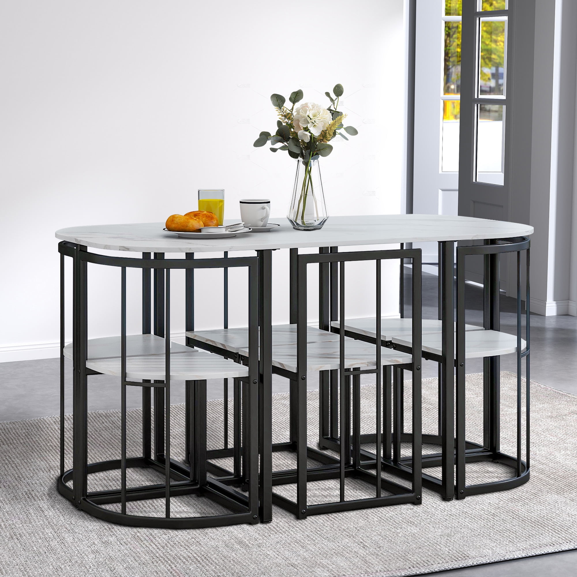 Aukfa 7 Piece Dining Table Set for 6, 55" Faux Marble Dinning Room Table with 6 Chairs, Metal Frame, Black
