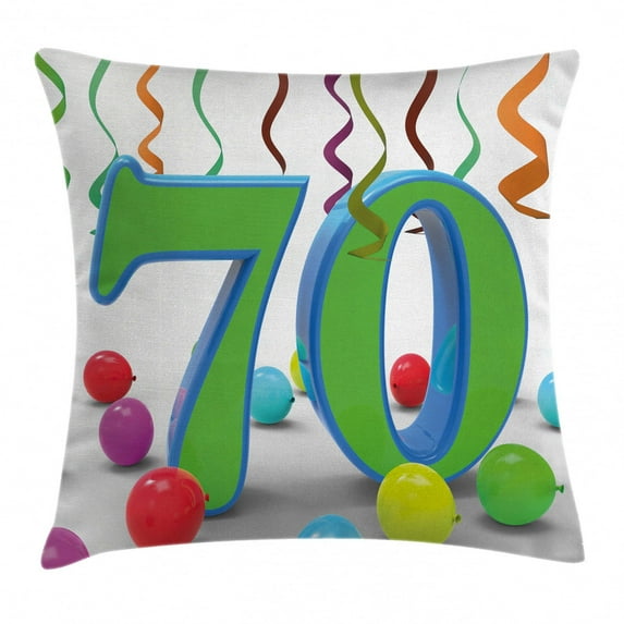 70th Birthday Decorations Throw Pillow Cushion Cover, House Party Theme Colorful Balloons Curls Fun Image, Decorative Square Accent Pillow Case, 18 X 18 Inches, Fern Green and Blue, by Ambesonne
