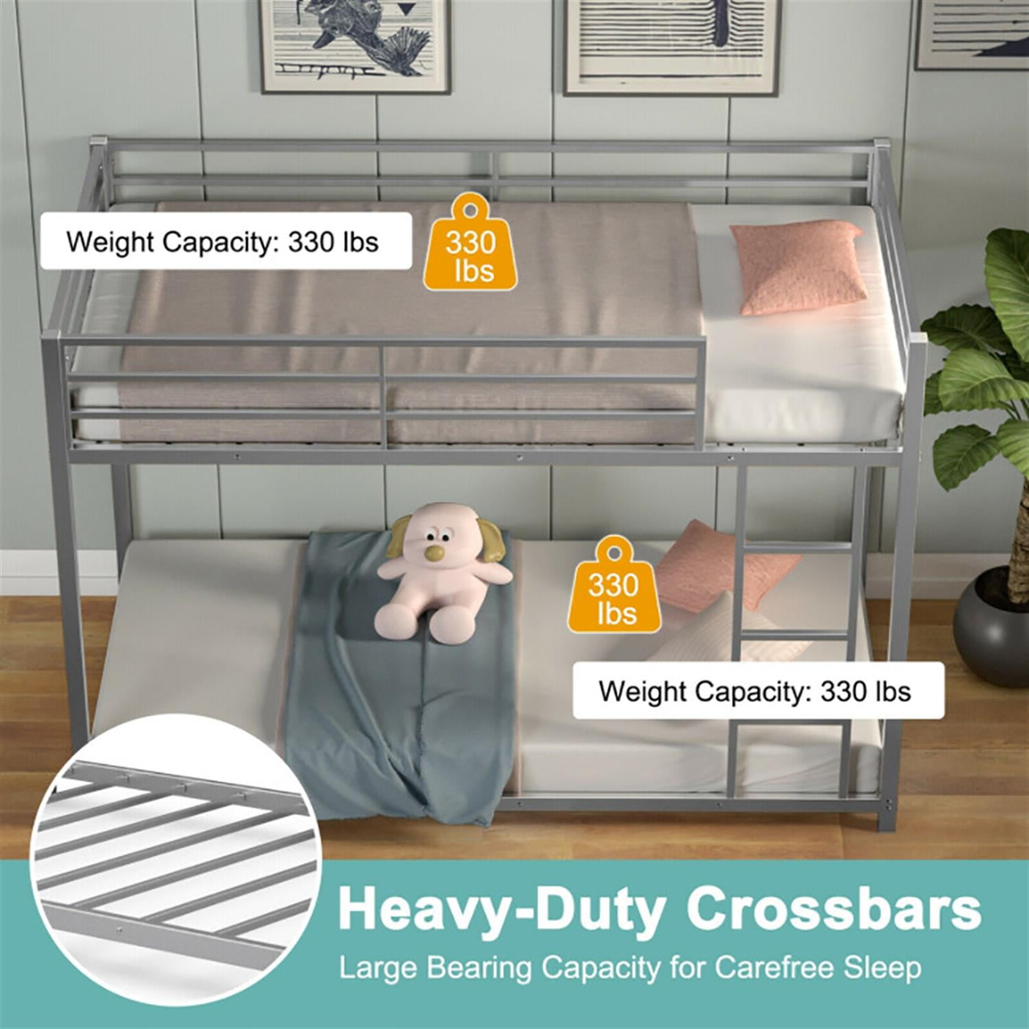 Demi Bonn Twin Over Twin Bunk Bed with Safety Guard Rails and Side Ladder, Twin Bunk Beds, Sturdy Metal Bed Frame No Box Spring Needed, Silver