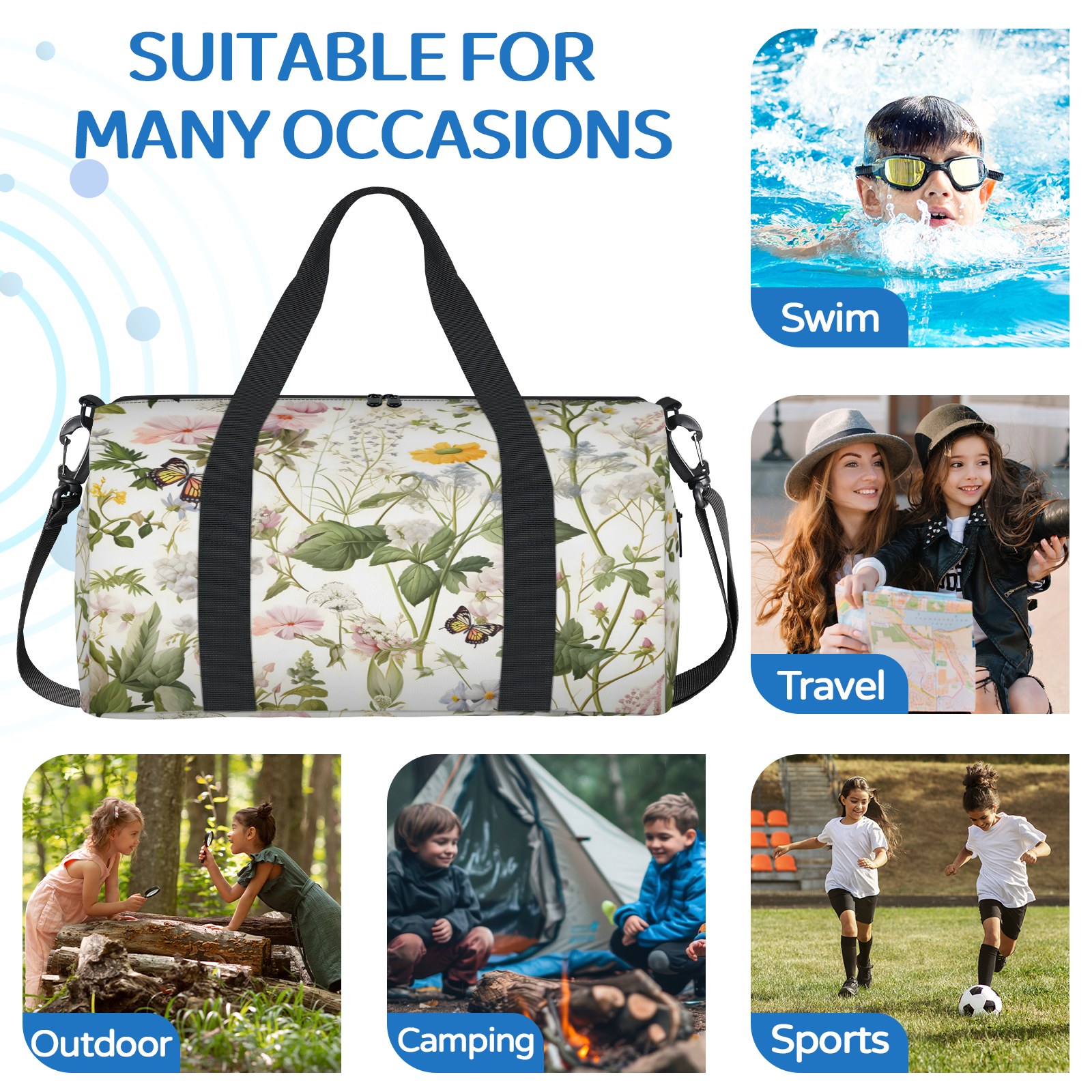 Herdesigns Wildflowers Plants Gym Bag for Women, Duffle Bag for Travel Sport, Lightweight Waterproof Carry on Weekender Overnight Dance Yoga Workout Bags