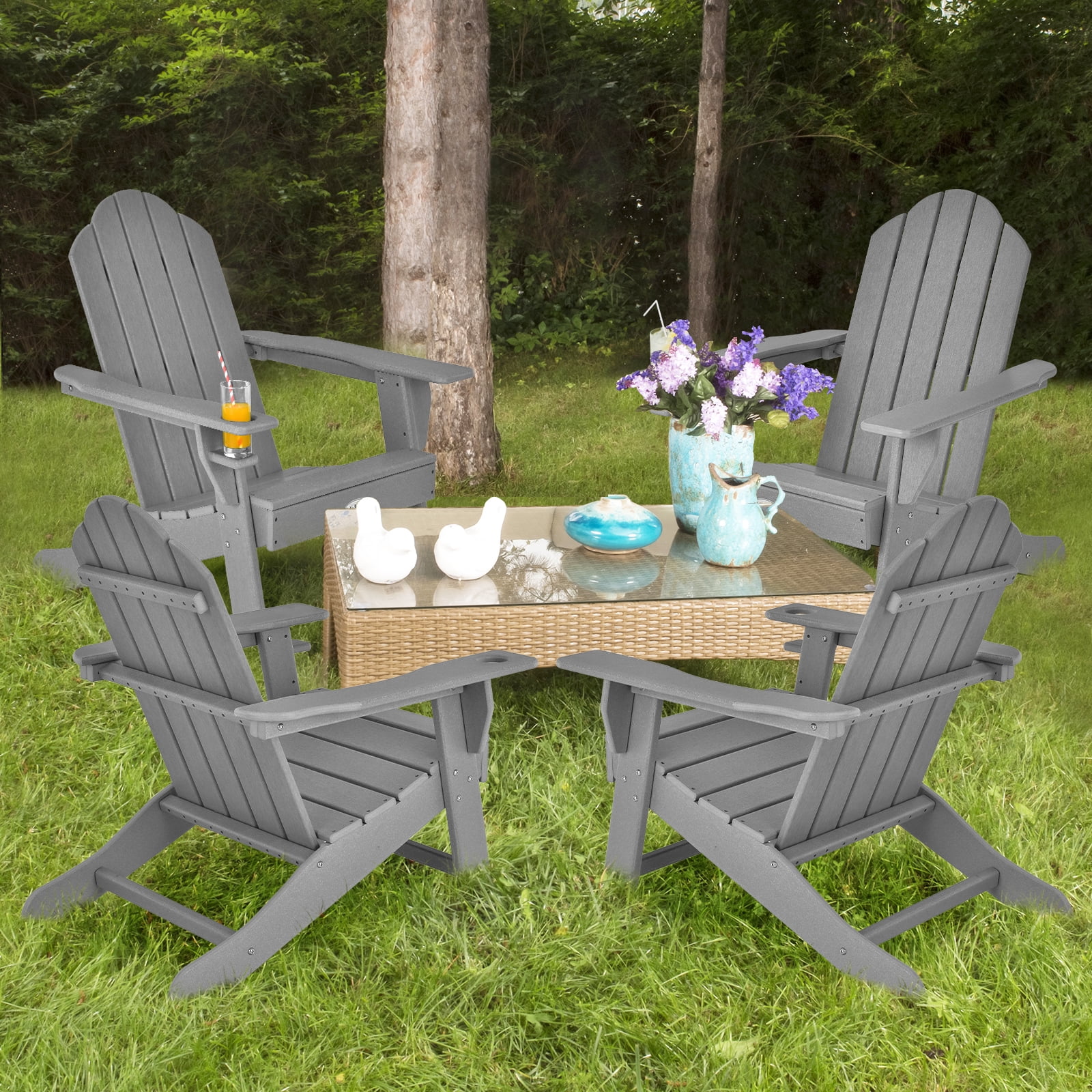 Patiojoy 2PCS Adirondack Chair Outdoor with Cup Holde Weather Resistant Lounger Chair for Backyard Garden Patio and Deck Grey