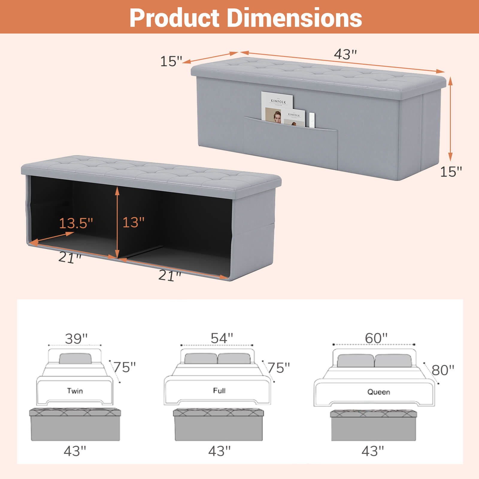 Costway 43 Inches Folding Storage Ottoman Bench with Side Pocket Storage Chest Dark Gray