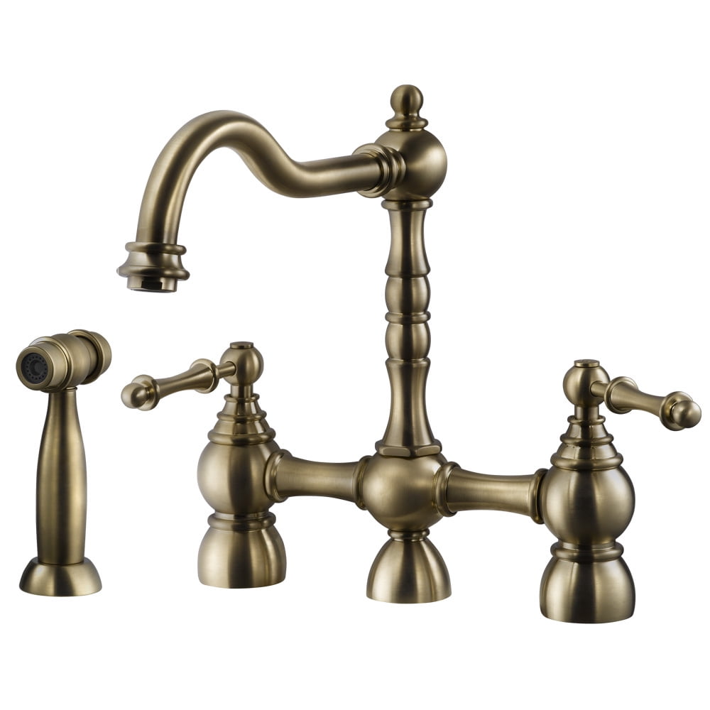 Houzer Lexington Traditional Bridge Kitchen Faucet with Sidespray and CeraDox Technology, Antique Brass (LEXBS-956-AB)