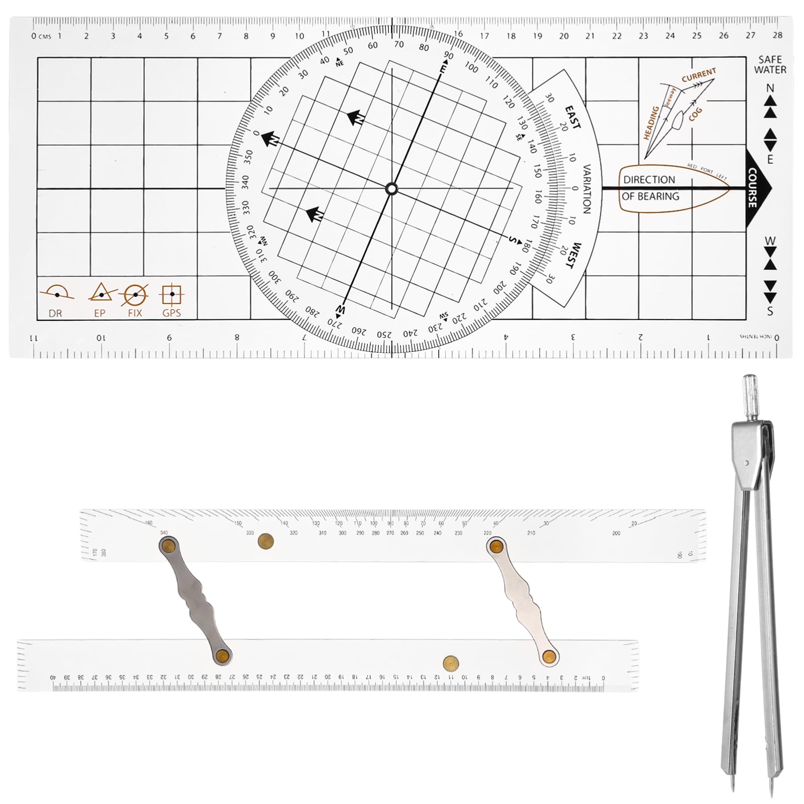 3 Pcs Transparent Basic Navigation Set, Including Nautical Protractor, Marine Navigation Parallel Ruler, Navigation Divider with Fixed Points, Marine Accessories with Clear Scales for Boat