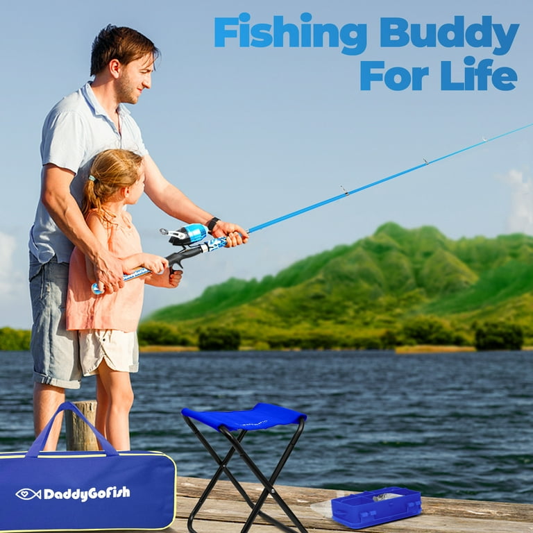 DaddyGoFish Kids Fishing Pole - Telescopic Rod & Reel Combo with  Collapsible Chair, Rod Holder, Tackle Box, Bait Net and Carry Bag for Boys  and Girls