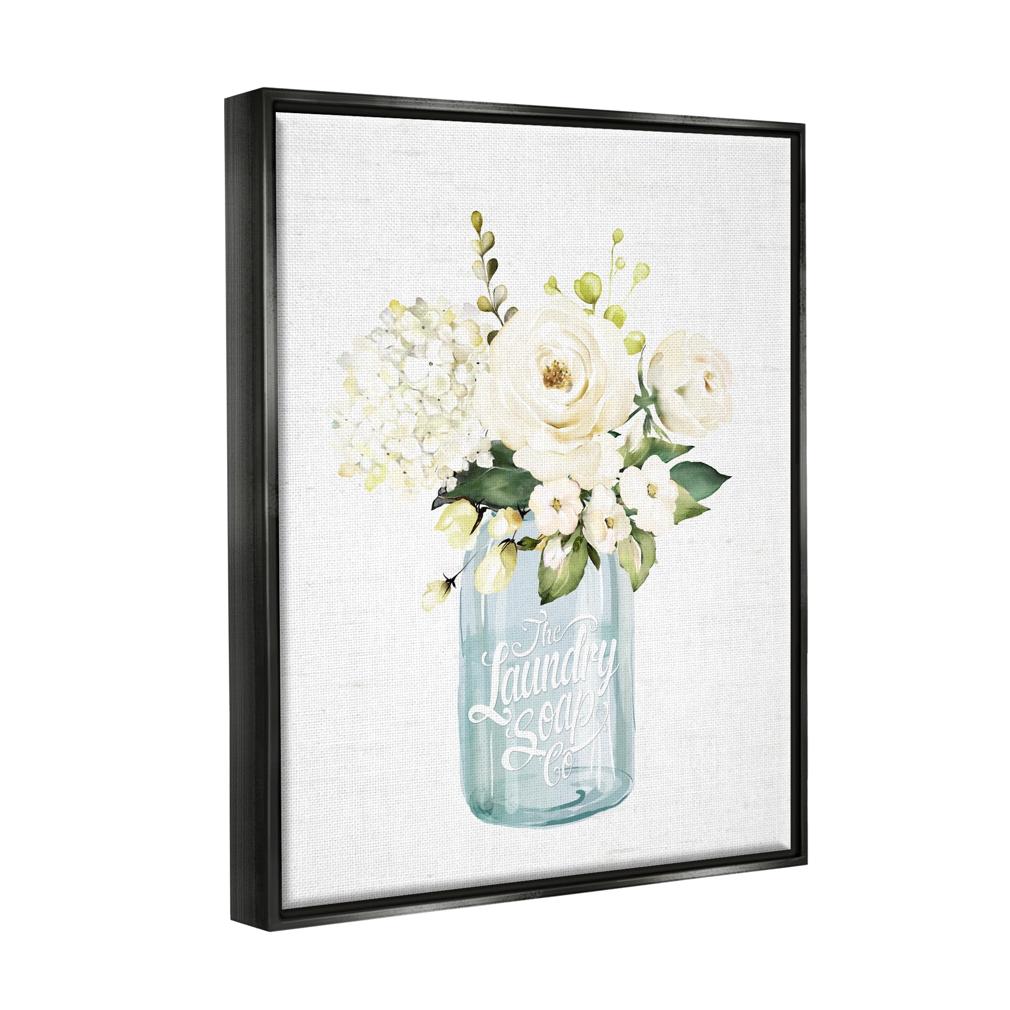 Stupell Industries White Floral Bouquet Vintage Laundry Text Jar Graphic Art Jet Black Floating Framed Canvas Print Wall Art, Design by Lettered and Lined