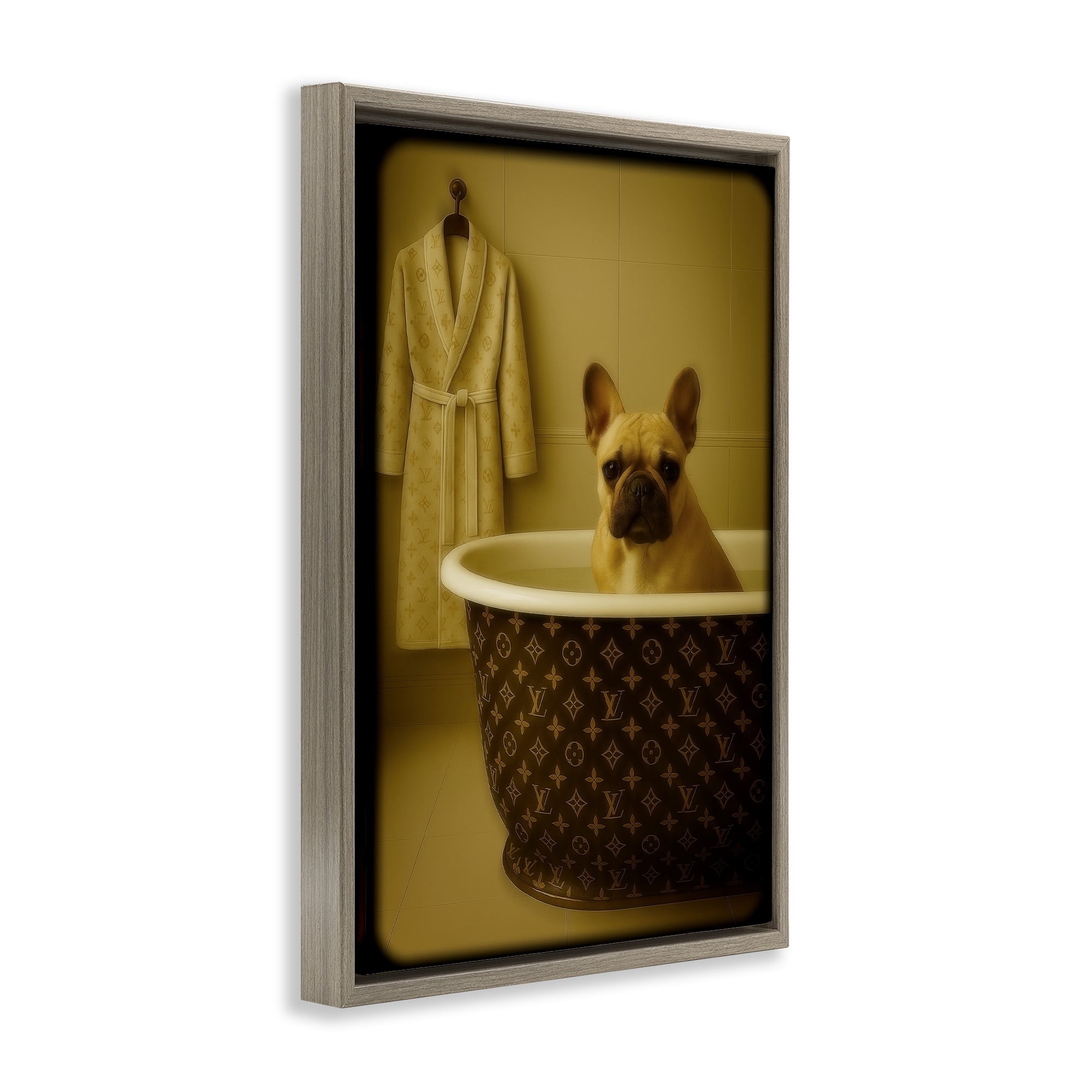 Stupell Industries Couture French Bulldog in Luxury Tub Brown Framed Floater Canvas Wall Art, design by Grotto Studios
