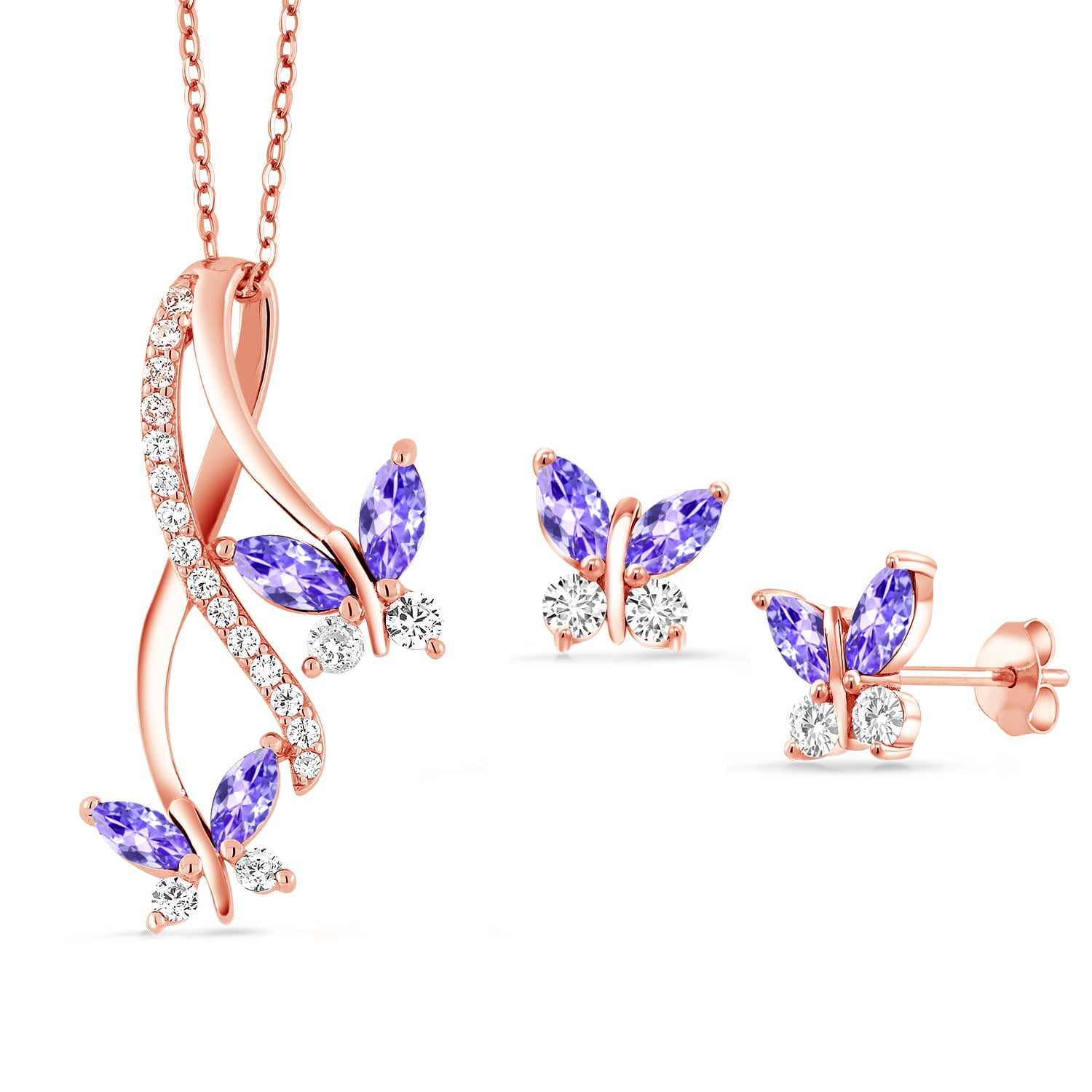 Gem Stone King 2.13 Ct Blue Tanzanite 18K Rose Gold Plated Silver Pendant and Earrings Jewelry Set