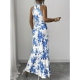 thumbnail image 2 of Blue Floral Print Halter Neck Maxi Dress, Waist-Cinched Bodycon Style, Elegant Evening & Daywear, 2 of 6