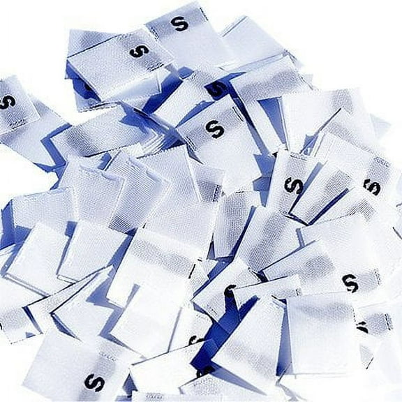 500 WOVEN CLOTHING LABELS WHITE WITH BLACK LETTERING ~ SIZE TAGS WHITE - S (500 labels/pack)