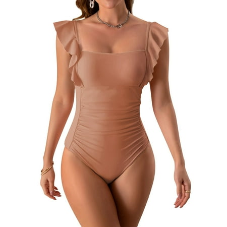 IDALL One Piece Swimsuit Women Tummy Control Swimsuits Women s Solid Colour Ruffled Open Back Pleated Swimsuit Bathing Suit Swim Suits for Women 2025 Pink M