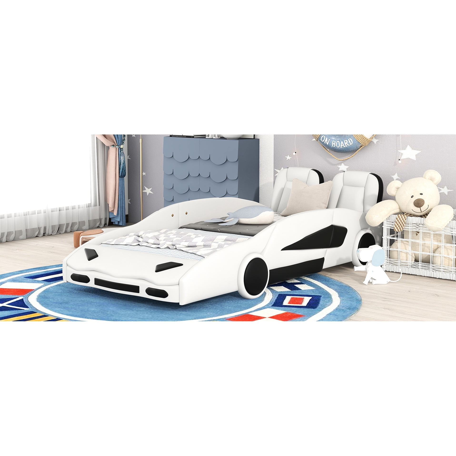Twin Size Race Car Bed With Wheels, White - And Fashionable Shape Rolling Feature Wheels Guardrails Protected Bedroom Choice