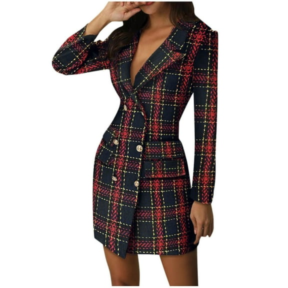 TIHLMK Casual Dress Fashion Women Long Sleeve Plaid Print Button Dress V-Neck Pleated Party Skinny Dress Red