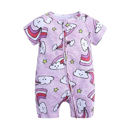 

Baby Boys Girls Romper Jumpsuits Cute Cartoon Print Easy On Two Way Zipper Short Sleeve Sleep and Playwear