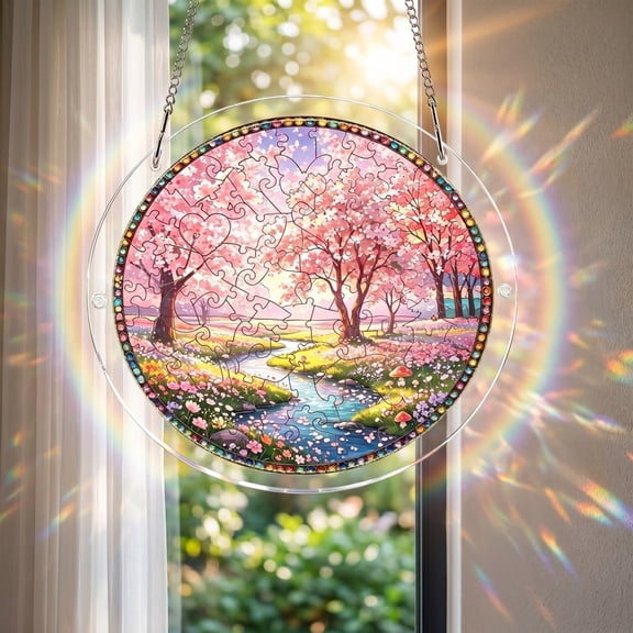 Yangka Spring Cherry Blossom Acrylic Puzzle Suncatcher, Nature Scenery Stained Glass Style Window Hanging, Home And Garden Decor