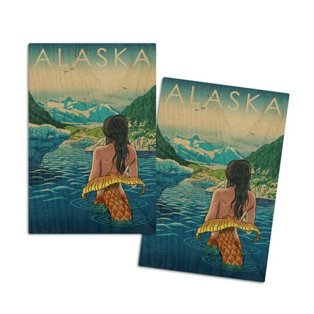 

Alaska Mermaid and Glaciers (4x6 Birch Wood Postcards 2-Pack Stationary Rustic Home Wall Decor)