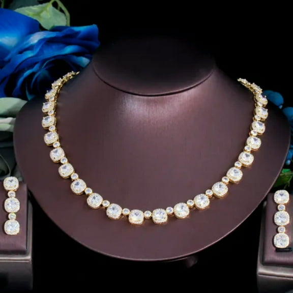 Noble Dubai Gold Full Square Earrings Necklace CZ Jewelry Set for Women Pageant