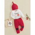 thumbnail image 3 of FEORJGP Infant Baby Valentine's Day Outifit Newborn Long Sleeve Jumpsuit Round Neck Bodysuit Letter Print Romper + Elastic Waist Pants + Solid Hat Baby Boy 3 Piece Casual Clothes Set for Spring Fall, 3 of 9