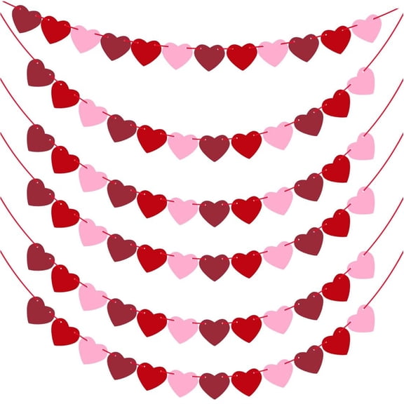 NOGIS 5 Pack Valentines Day Decorations Galentine's Day Felt Heart Garland Banner for Mantle, Wall, Party Supplies - Hanging Hearts Decorations for Galentine's Decor (Three Color)