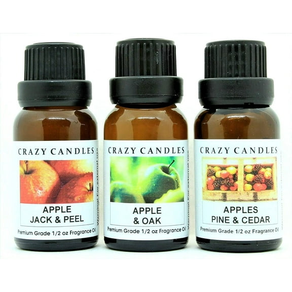 Crazy Candles 3 Bottles Set, 1 Apple Jack & Peel, 1 Apple & Oak, 1 Apples Pine & Cedar 1/2 Fl Oz Each (15ml) Premium Grade Scented Fragrance Oils