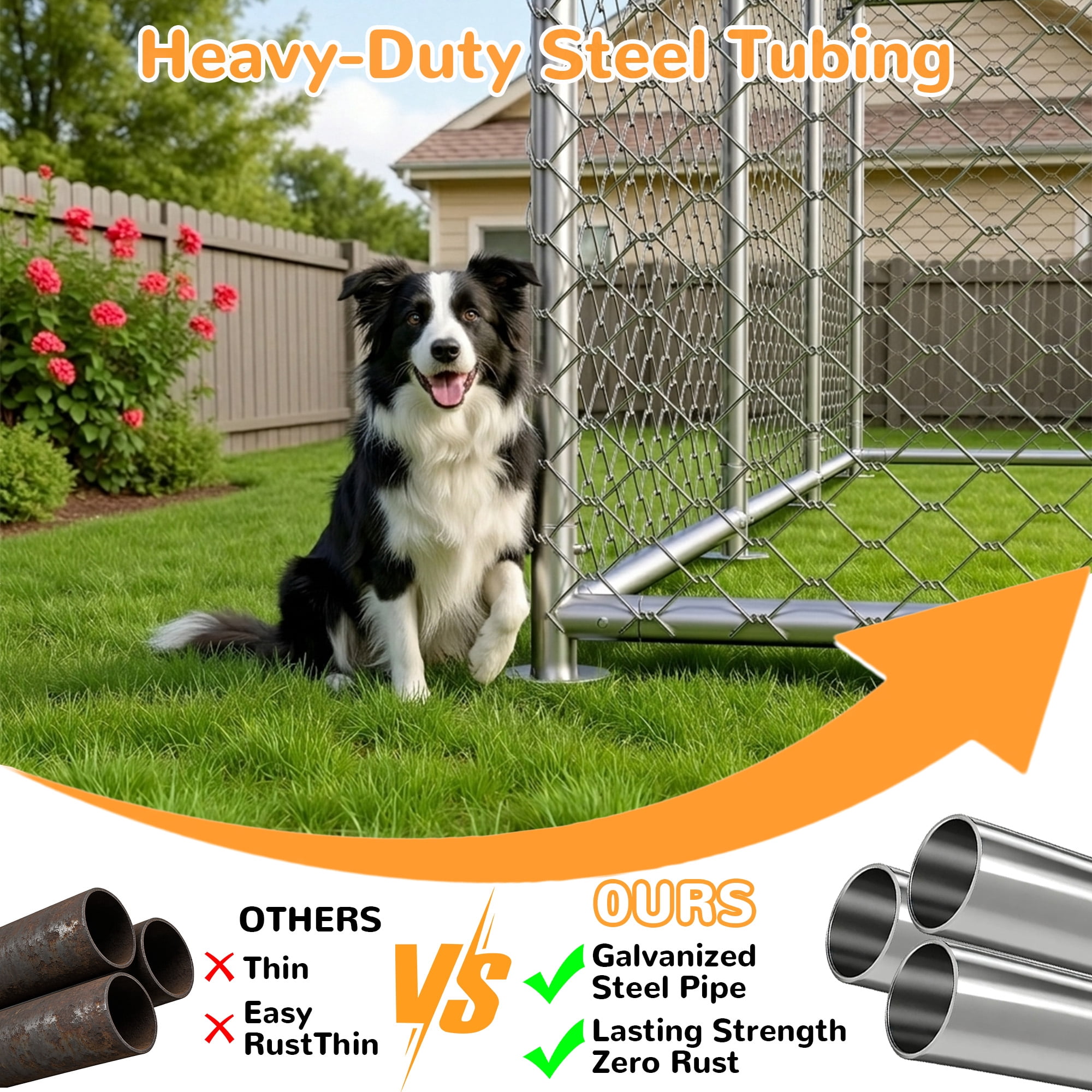 YOKWOK 7.5x7.5ft  Heavy Duty Galvanized Steel Outdoor Dog Kennel with Waterproof UV Protection Roof, Large Chain Link Dog Run House, Multi-Purpose Pet Enclosure for Dogs, Rabbits, Chickens